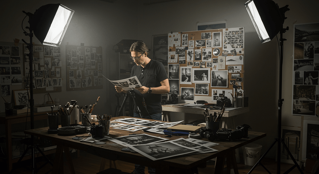 Photographe examinant des tirages dans son studio éclairé par des projecteurs