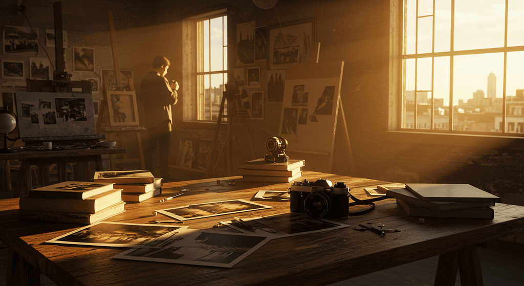 Studio d'artiste avec appareil photo vintage et photos sur la table