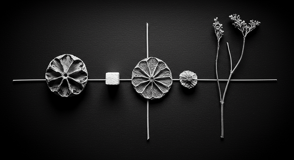 Composition minimaliste de fleurs séchées et d'un cube sur fond noir