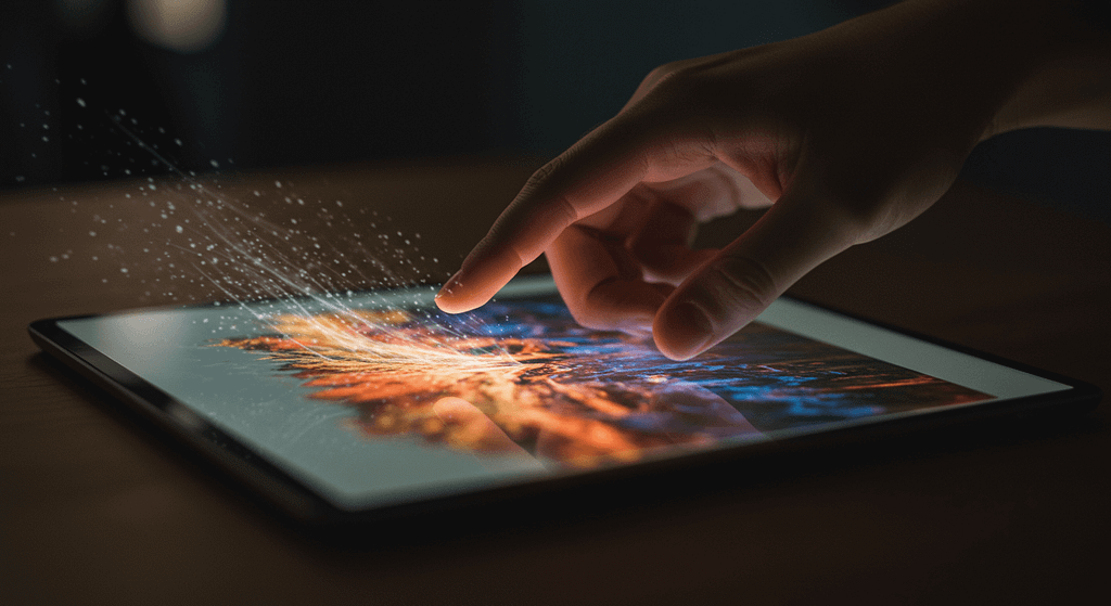 Main d'une personne touchant un écran de tablette avec des particules lumineuses