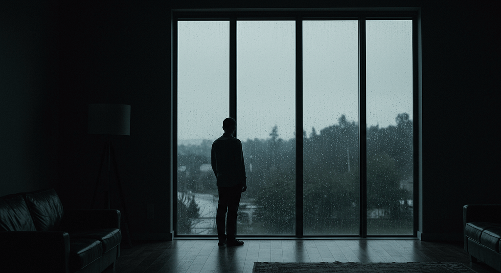 Un homme regarde la pluie tomber par une grande fenêtre