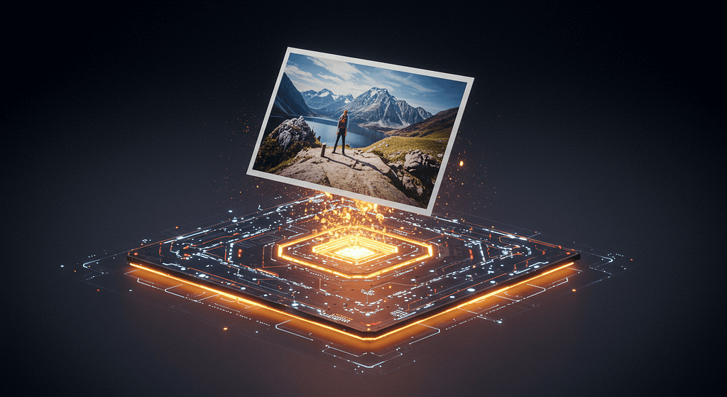 Photo d'une randonneuse sur une montagne projetée par un circuit lumineux