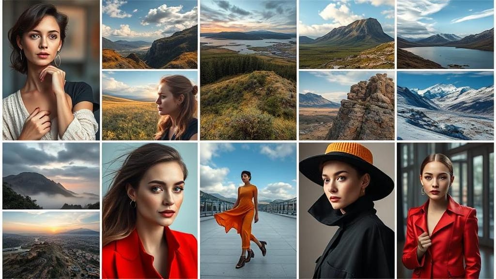 Collage de portraits de femmes et de paysages de montagne
