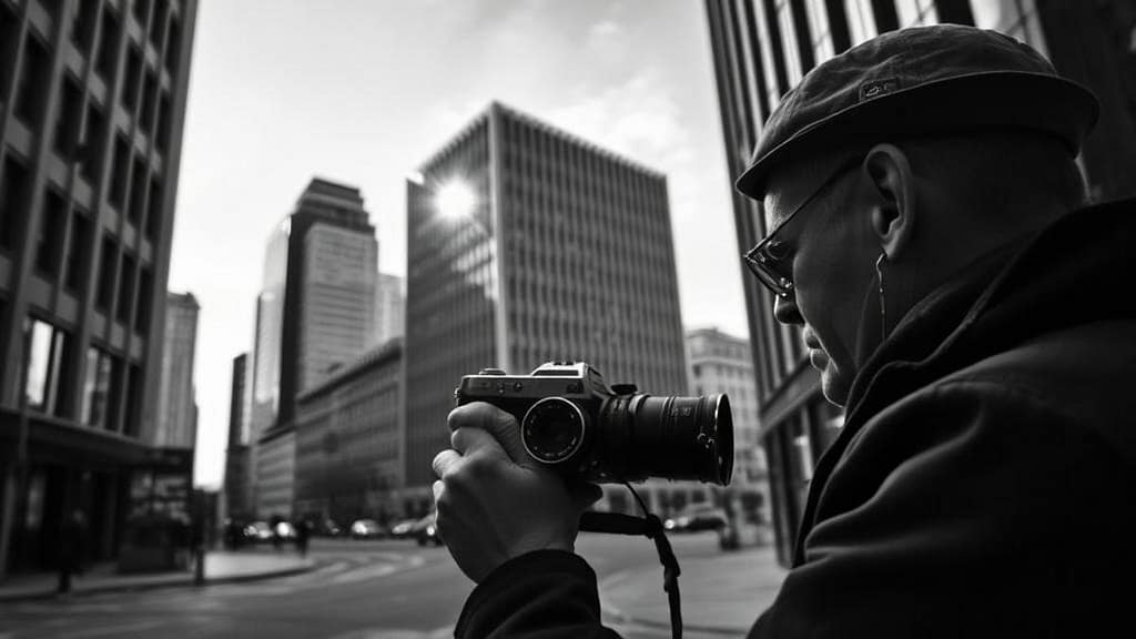 Photographe en noir et blanc tenant un appareil photo devant des immeubles