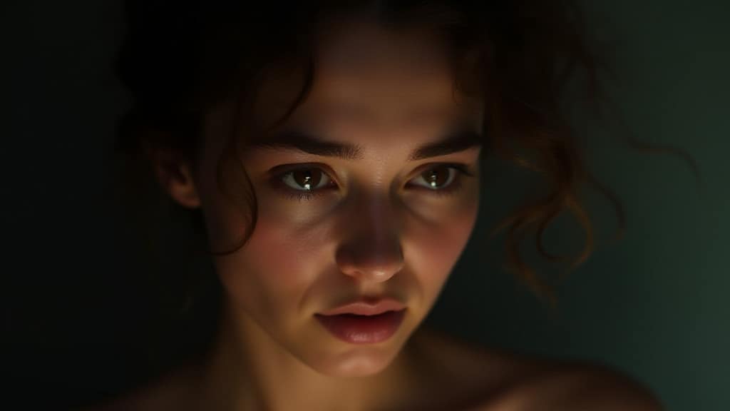 Gros plan d'une jeune femme aux cheveux bruns bouclés regardant vers le bas