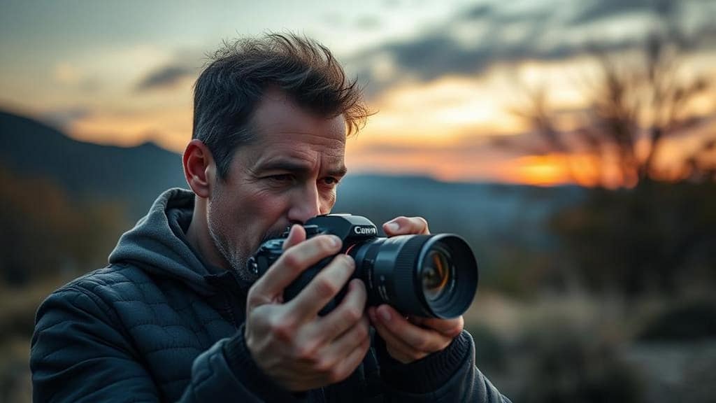 Homme prenant une photo avec un appareil Canon au coucher du soleil