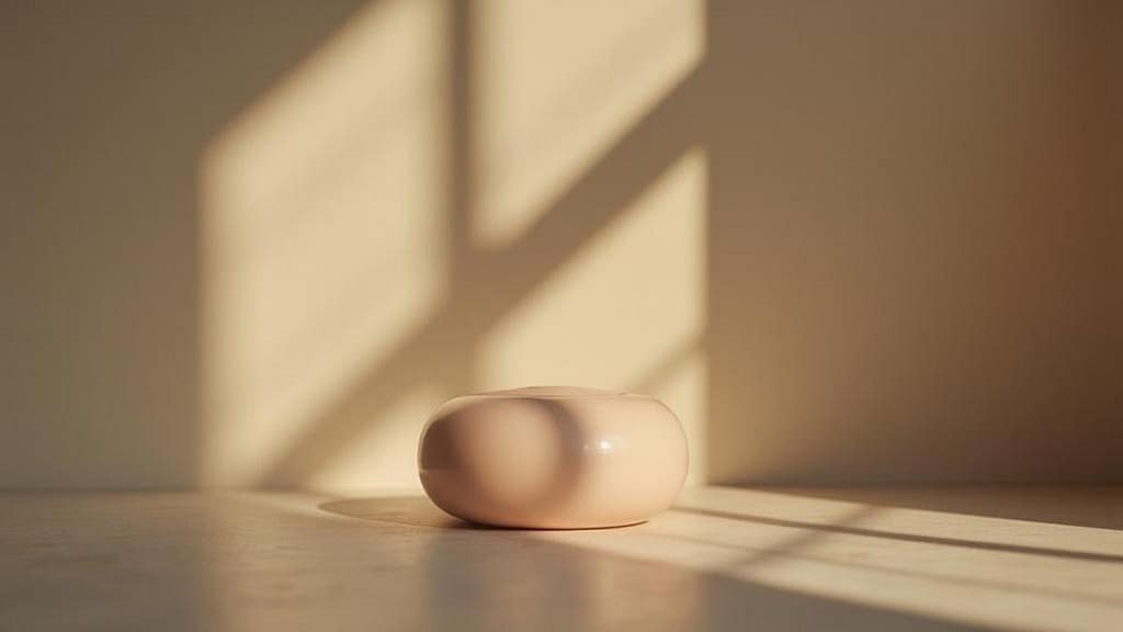 Objet rond rose pâle sur fond neutre avec des ombres de fenêtre