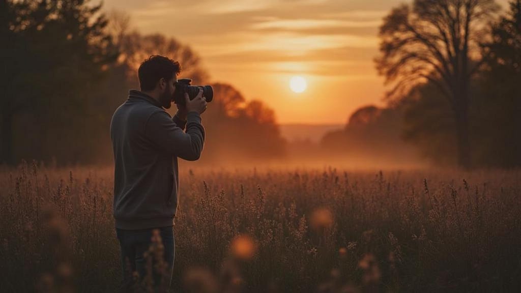 Photographe prenant une photo au coucher du soleil dans un champ brumeux