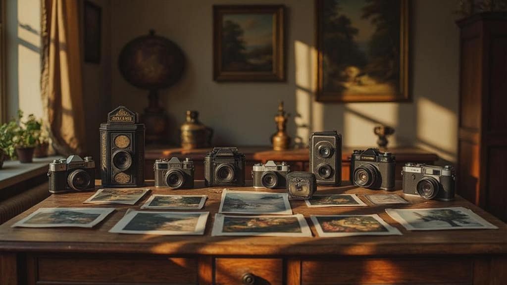 Collection d'appareils photo vintage et de vieilles photos sur une table en bois