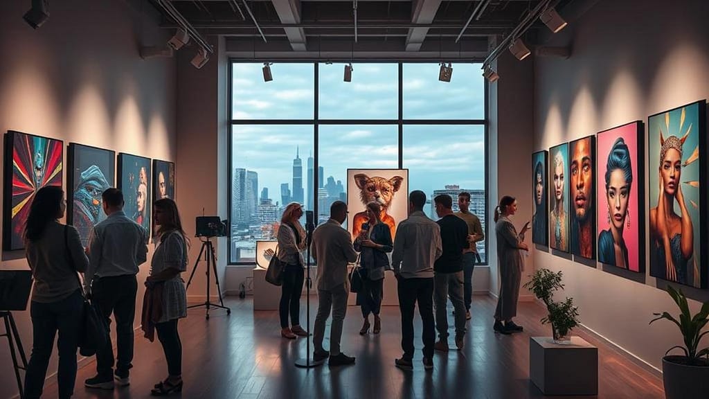 Des gens regardent des œuvres d'art dans une galerie avec vue sur la ville