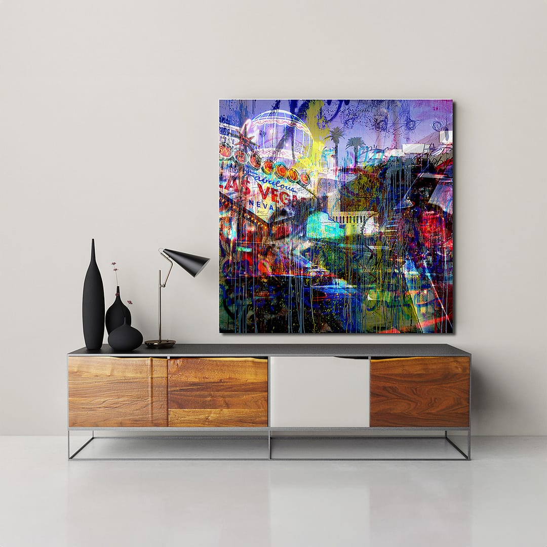 Tableau abstrait de Las Vegas avec des néons et des gouttes de peinture