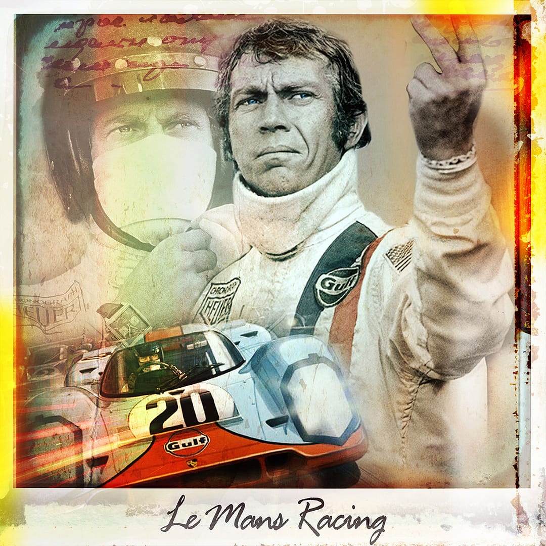Steve McQueen en combinaison de course, doigt d'honneur, voiture Le Mans