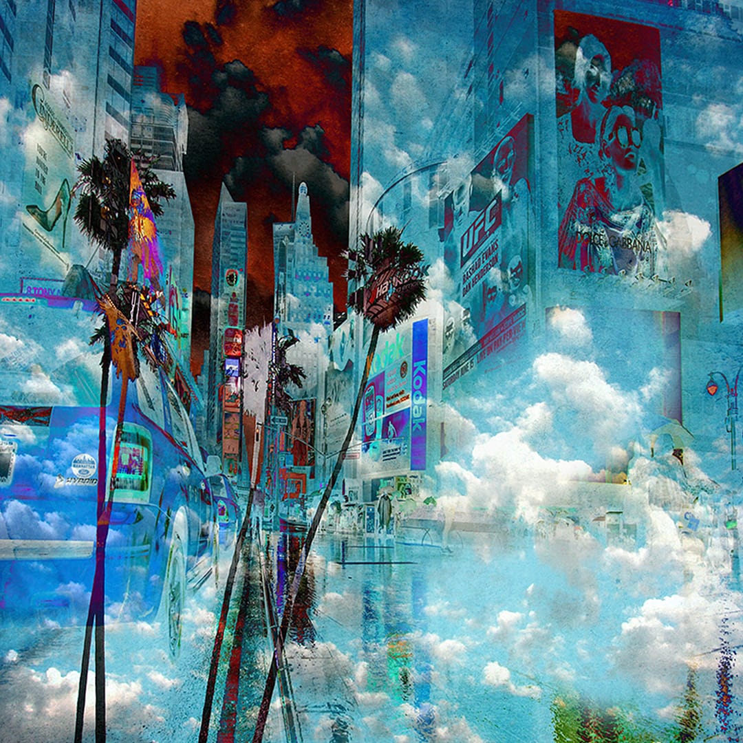 Collage surréaliste d'une ville avec des palmiers et des nuages
