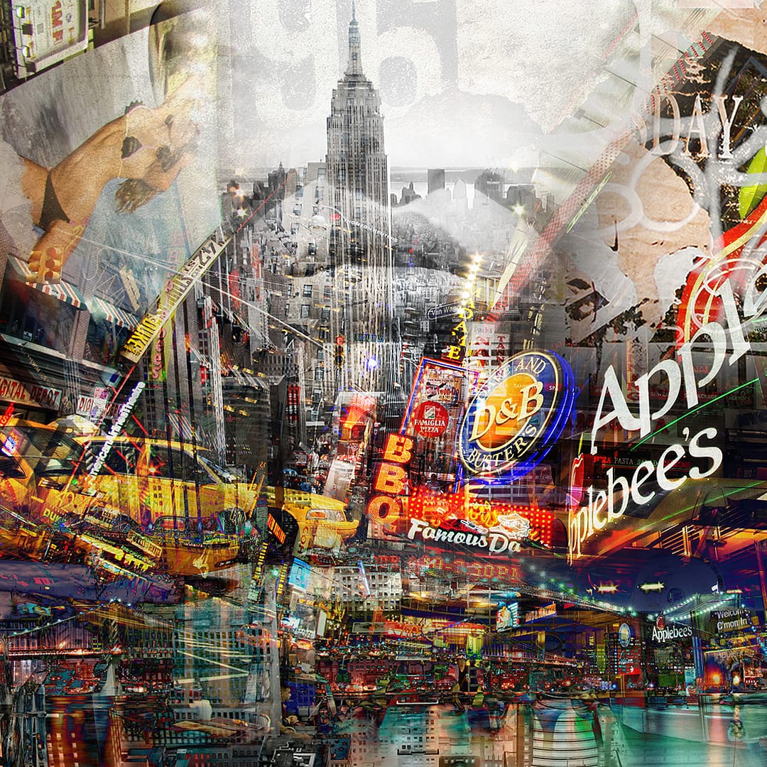 Collage de New York avec l'Empire State Building et des taxis jaunes