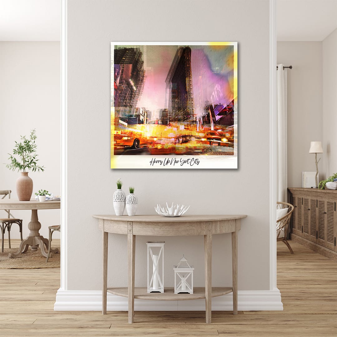 Peinture abstraite de New York avec des taxis jaunes et le Flatiron Building