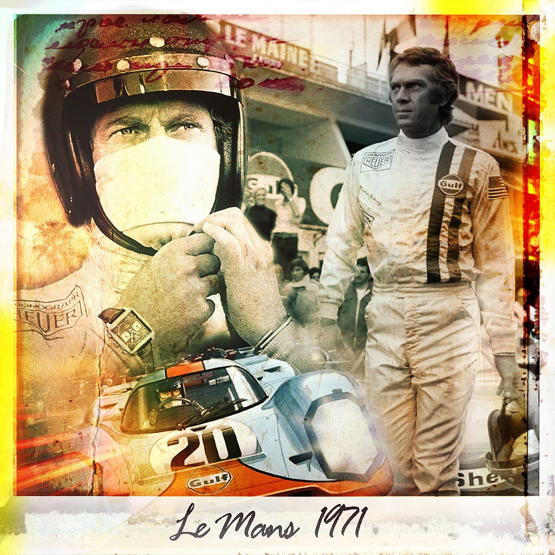 Steve McQueen et une voiture de course Gulf au Mans 1971
