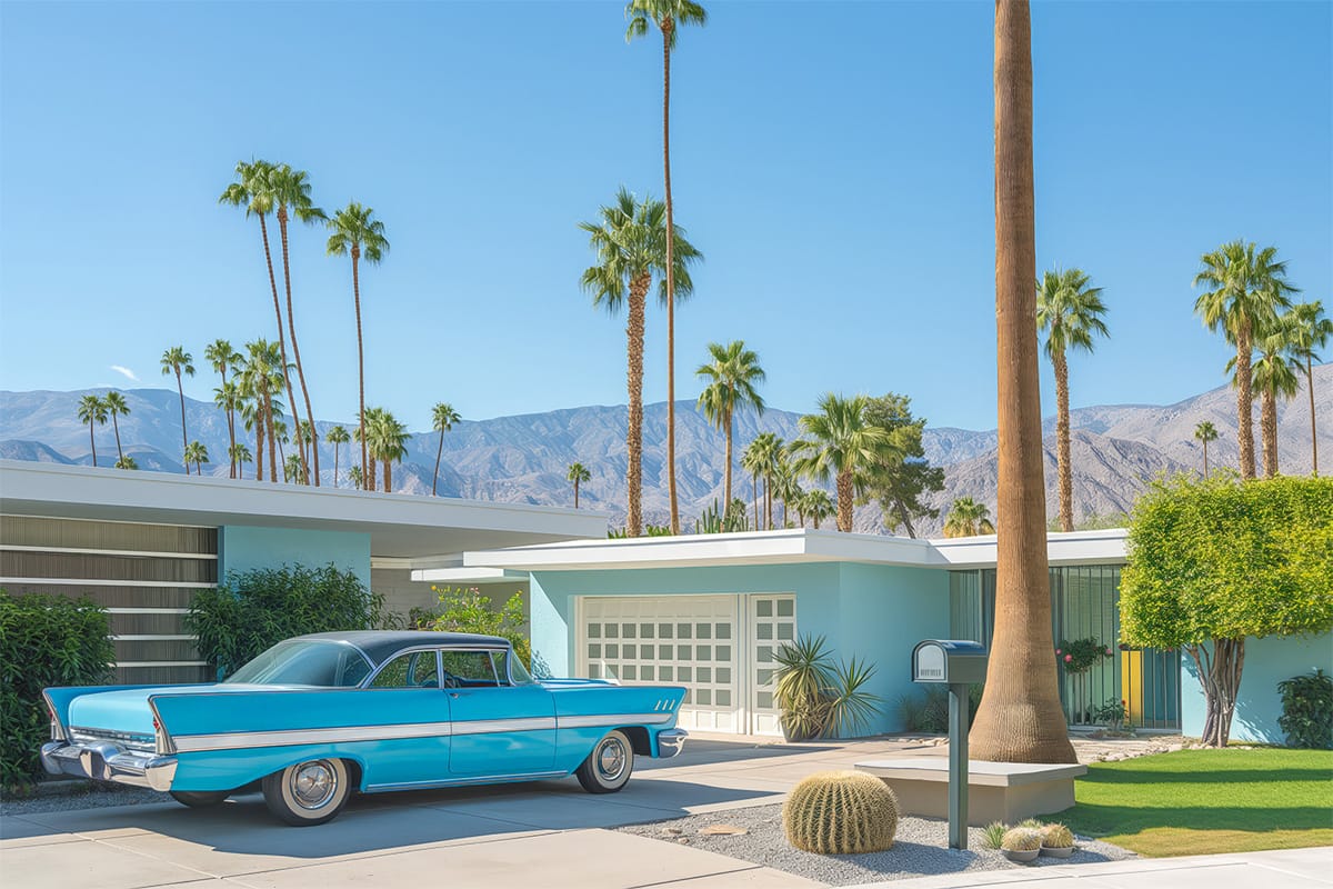 Voiture bleue vintage devant une maison moderne avec des palmiers