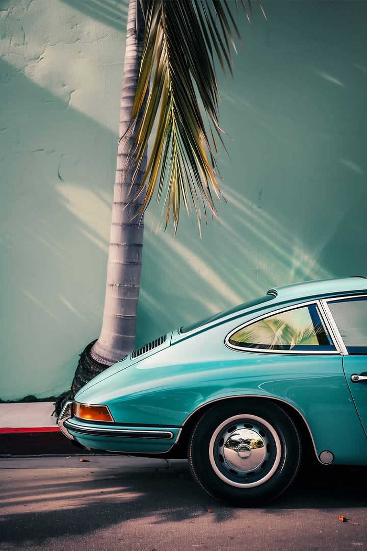 Porsche turquoise classique garée près d'un palmier